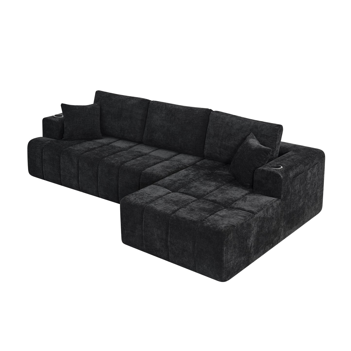 108" L-Shaped Chenille Sectional Sofa, Cloud Style Boneless Sofa with Chaise, Modern Upholstered Couch with Cup Holders & Side Pockets, Compression Sofa for Living Room, No Assembly Required, Black image 12