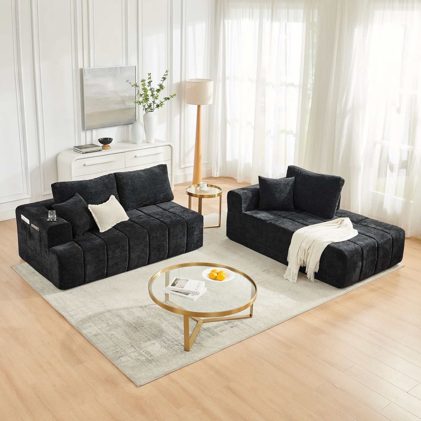108" L-Shaped Chenille Sectional Sofa, Cloud Style Boneless Sofa with Chaise, Modern Upholstered Couch with Cup Holders & Side Pockets, Compression Sofa for Living Room, No Assembly Required, Black image 4