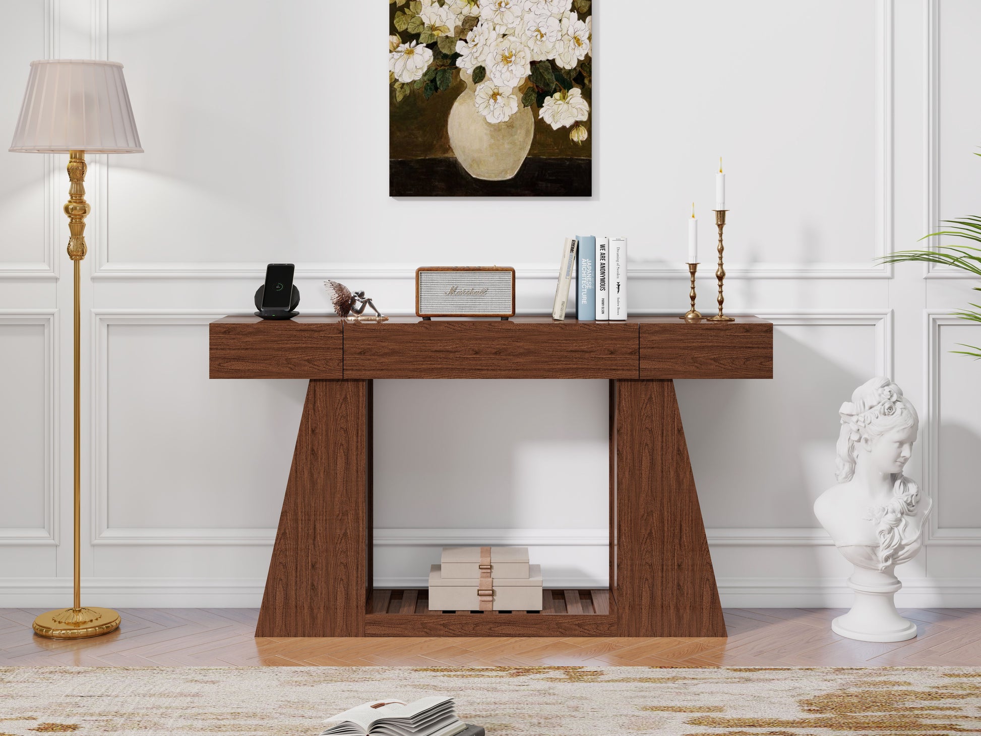 60 Inch Narrow Console Table with Built-in Power Outlet, Farmhouse Sofa Table Behind Couch, Entryway Foyer Table with Side Storage Compartment & Slatted Bottom Shelf, image 2