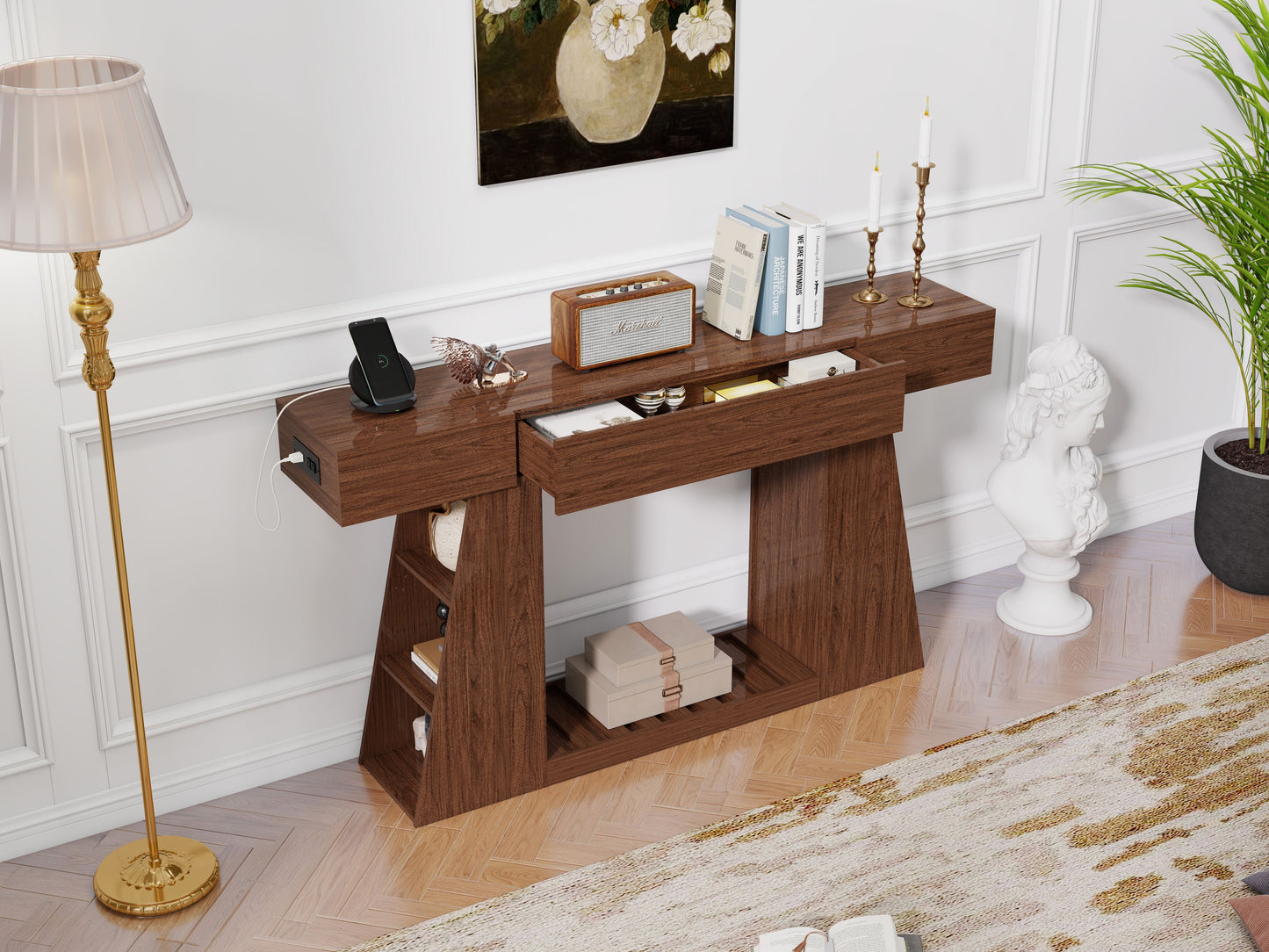 60 Inch Narrow Console Table with Built-in Power Outlet, Farmhouse Sofa Table Behind Couch, Entryway Foyer Table with Side Storage Compartment & Slatted Bottom Shelf, image 6
