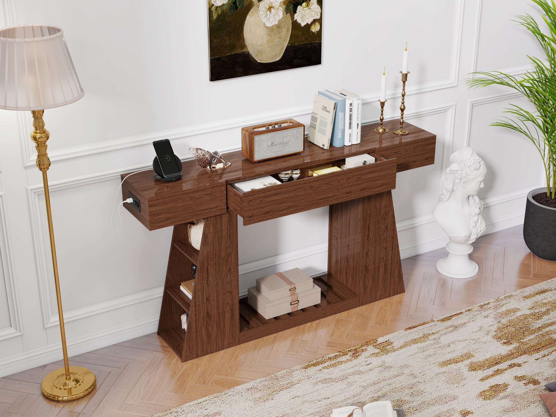 60 Inch Narrow Console Table with Built-in Power Outlet, Farmhouse Sofa Table Behind Couch, Entryway Foyer Table with Side Storage Compartment & Slatted Bottom Shelf, image 6