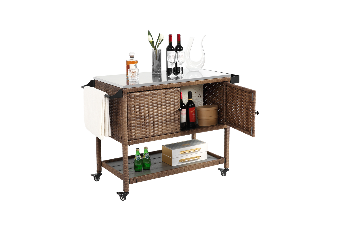 Outdoor Wicker Bar Cart, Patio Wine Serving Cart w/Wheels, Rolling Rattan Beverage Bar Counter Table with stainless steel Top for Porch Backyard Garden Poolside Party, Brown image 9