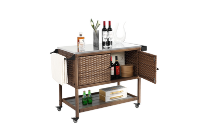 Outdoor Wicker Bar Cart, Patio Wine Serving Cart w/Wheels, Rolling Rattan Beverage Bar Counter Table with stainless steel Top for Porch Backyard Garden Poolside Party, Brown image 9