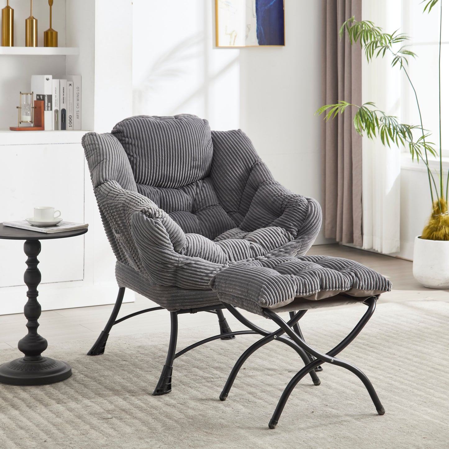 Lazy Chair with Ottoman, Modern Lounge Accent Chair with Armrests and a Side Pocket, Leisure Upholstered Sofa Chair Reading Chair with Footrest for Small Space, Corner Chair-Grey image 1