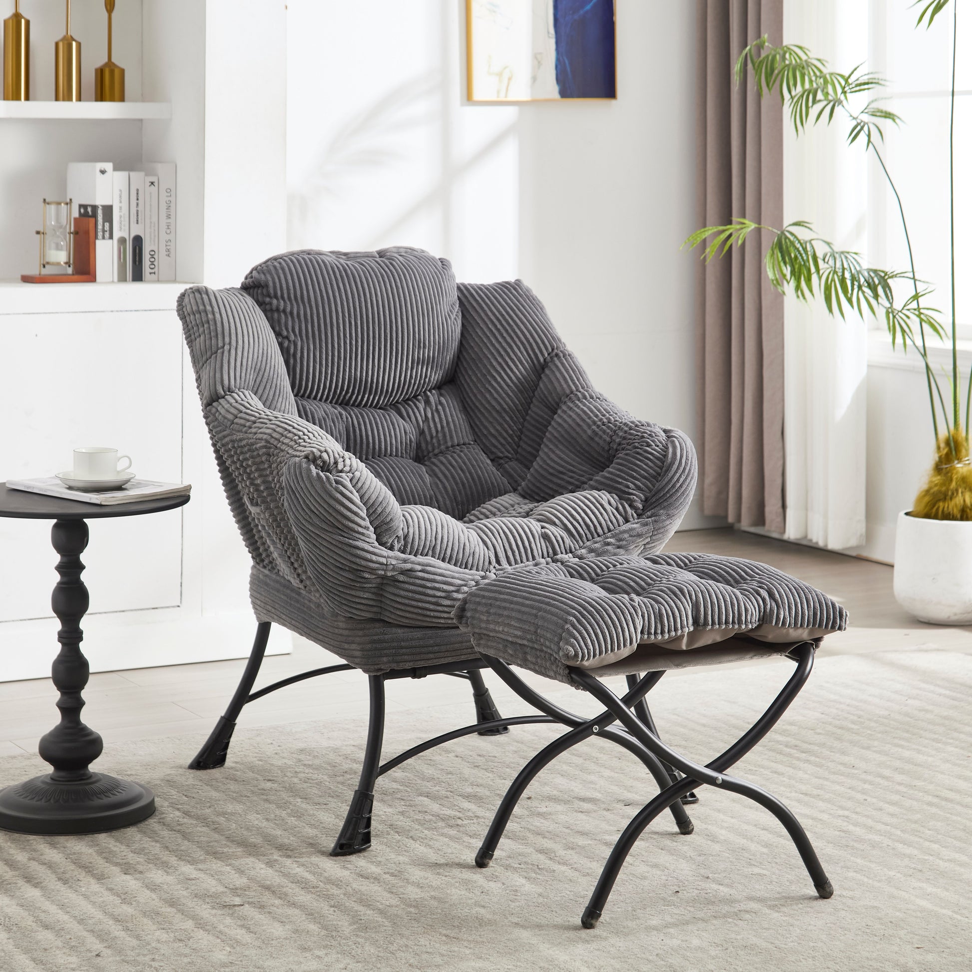 Lazy Chair with Ottoman, Modern Lounge Accent Chair with Armrests and a Side Pocket, Leisure Upholstered Sofa Chair Reading Chair with Footrest for Small Space, Corner Chair-Grey image 1