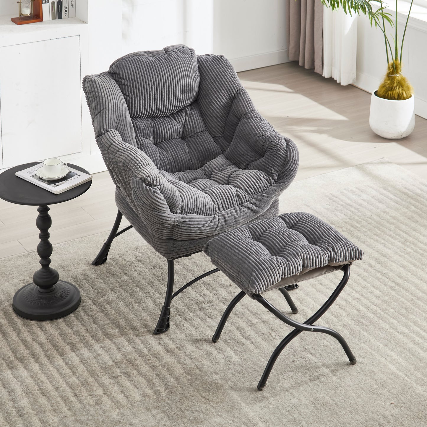 Lazy Chair with Ottoman, Modern Lounge Accent Chair with Armrests and a Side Pocket, Leisure Upholstered Sofa Chair Reading Chair with Footrest for Small Space, Corner Chair-Grey image 2