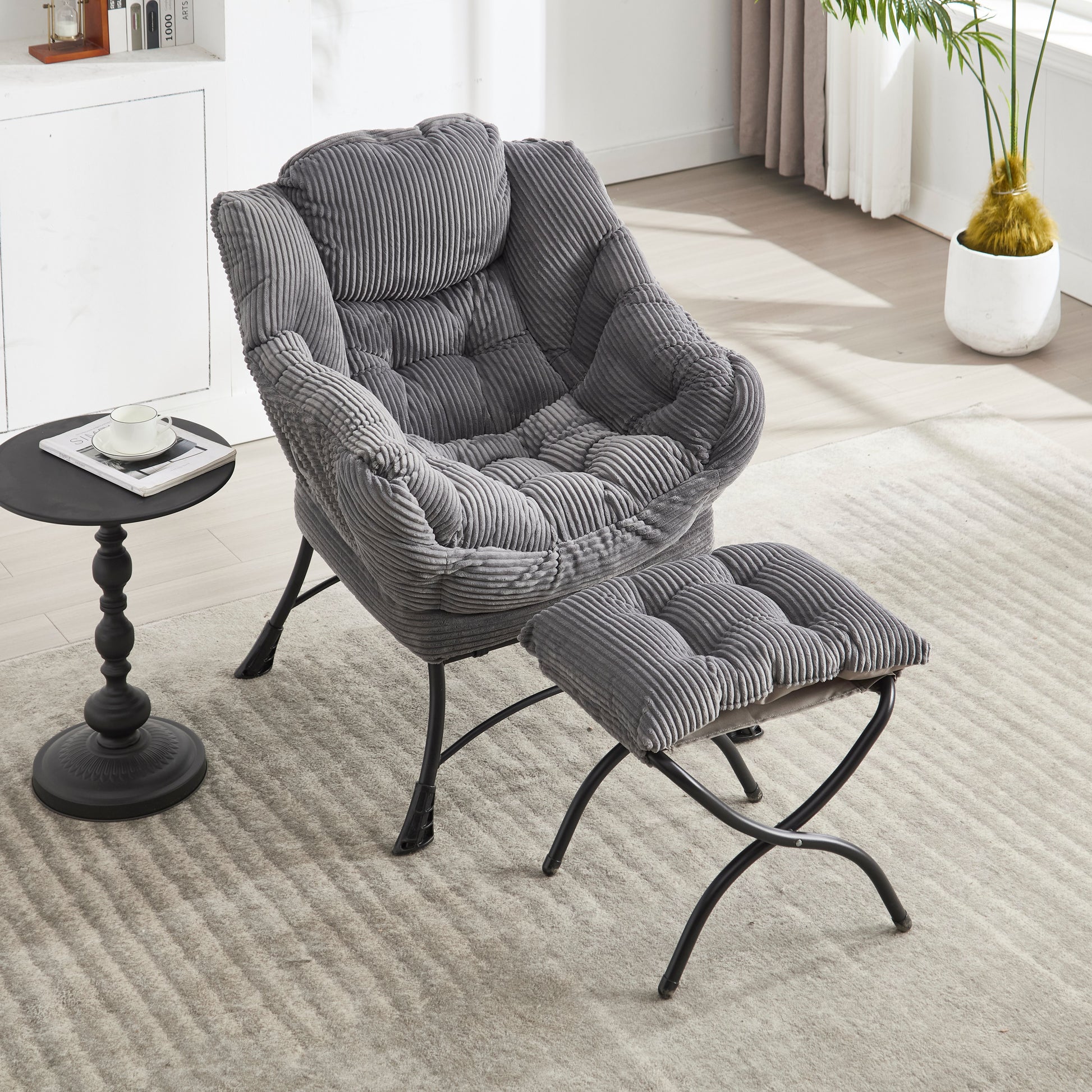 Lazy Chair with Ottoman, Modern Lounge Accent Chair with Armrests and a Side Pocket, Leisure Upholstered Sofa Chair Reading Chair with Footrest for Small Space, Corner Chair-Grey image 2