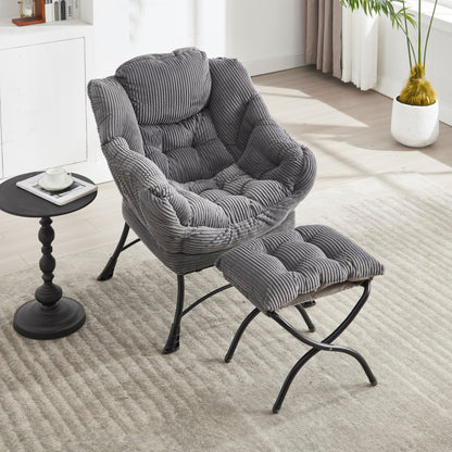 Lazy Chair with Ottoman, Modern Lounge Accent Chair with Armrests and a Side Pocket, Leisure Upholstered Sofa Chair Reading Chair with Footrest for Small Space, Corner Chair-Grey image 2