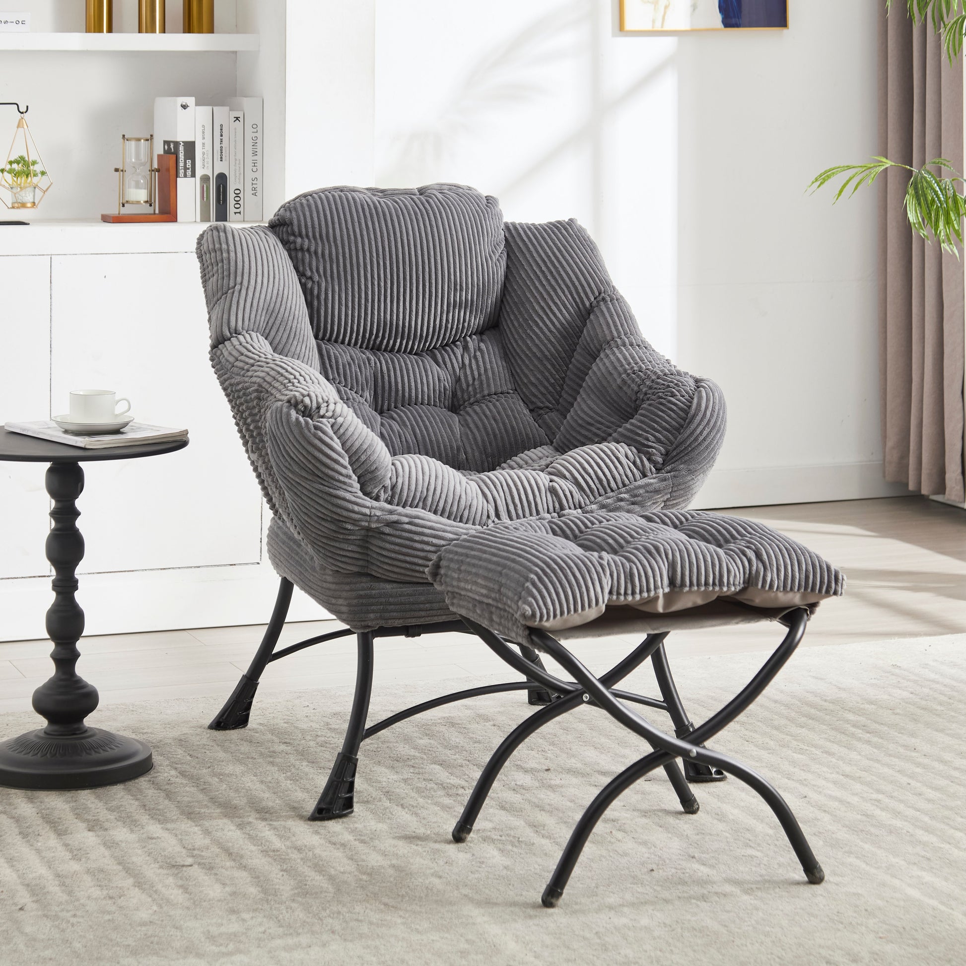 Lazy Chair with Ottoman, Modern Lounge Accent Chair with Armrests and a Side Pocket, Leisure Upholstered Sofa Chair Reading Chair with Footrest for Small Space, Corner Chair-Grey image 7