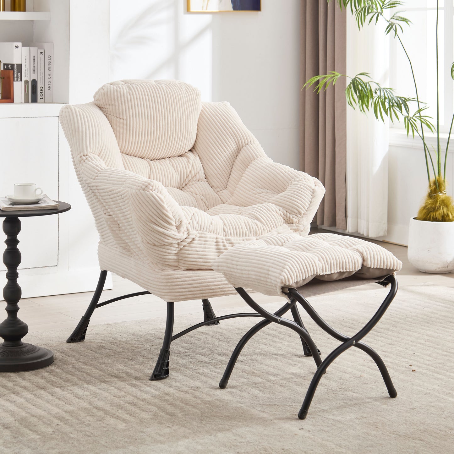 Lazy Chair with Ottoman, Modern Lounge Accent Chair with Armrests and a Side Pocket, Leisure Upholstered Sofa Chair Reading Chair with Footrest for Small Space, Corner Chair-White image 1