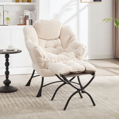 Lazy Chair with Ottoman, Modern Lounge Accent Chair with Armrests and a Side Pocket, Leisure Upholstered Sofa Chair Reading Chair with Footrest for Small Space, Corner Chair-White image 2