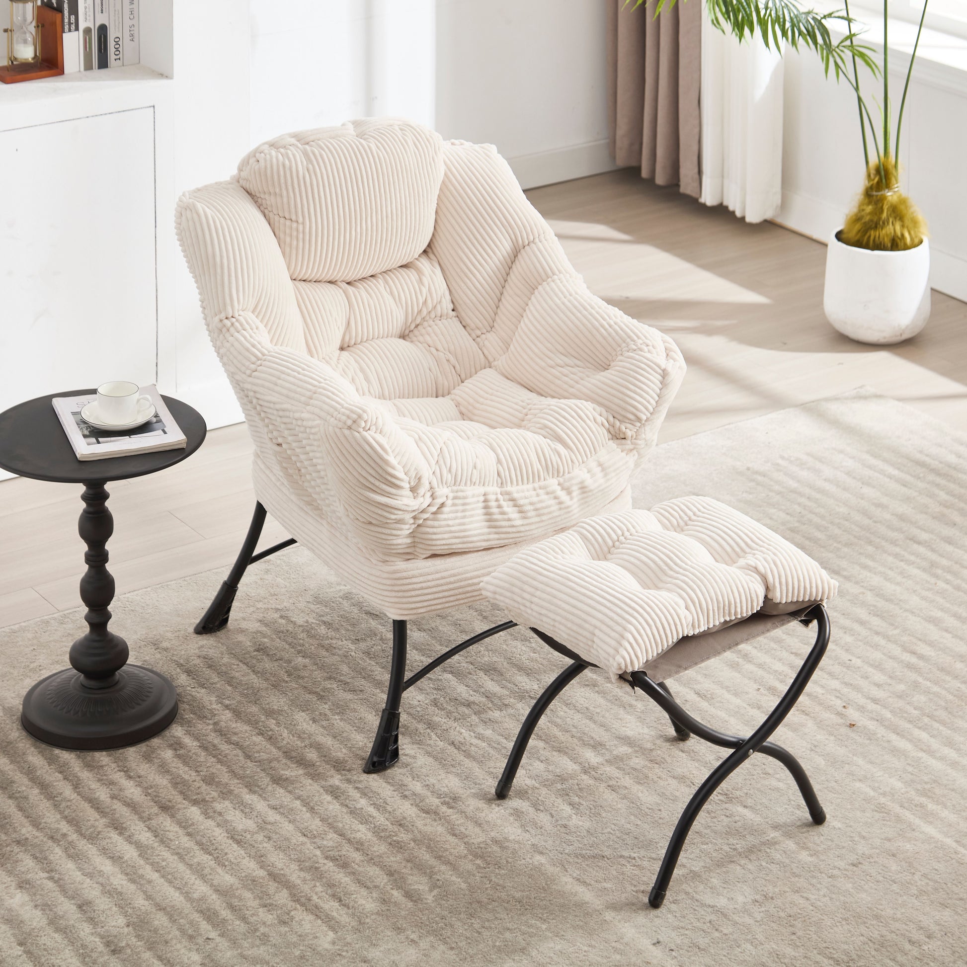 Lazy Chair with Ottoman, Modern Lounge Accent Chair with Armrests and a Side Pocket, Leisure Upholstered Sofa Chair Reading Chair with Footrest for Small Space, Corner Chair-White image 3