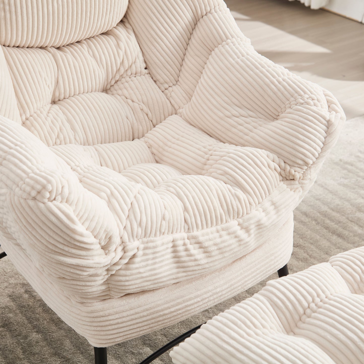 Lazy Chair with Ottoman, Modern Lounge Accent Chair with Armrests and a Side Pocket, Leisure Upholstered Sofa Chair Reading Chair with Footrest for Small Space, Corner Chair-White image 4