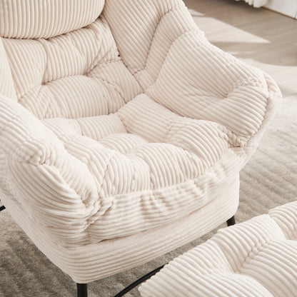 Lazy Chair with Ottoman, Modern Lounge Accent Chair with Armrests and a Side Pocket, Leisure Upholstered Sofa Chair Reading Chair with Footrest for Small Space, Corner Chair-White image 4