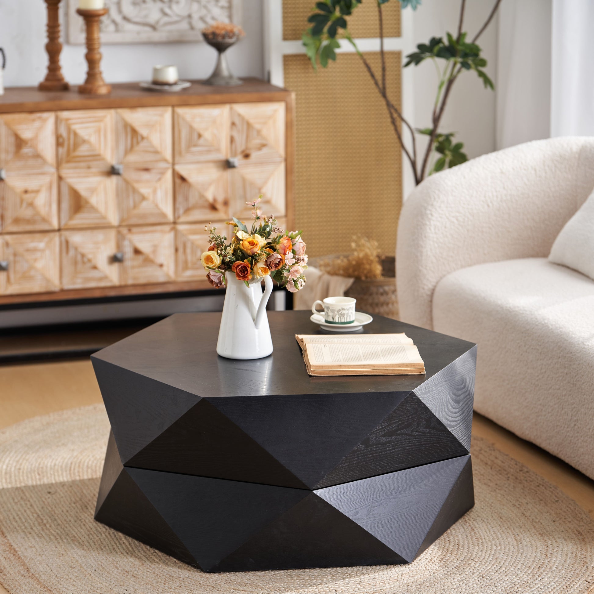 36.61'' Retro Style Polygon Flip Top Coffee Table, with Flip Top for Convenient Access, Hidden Storage, Solid Wood Veneered Drum Coffee Table with Storage for Living Room, Bedroom and Office, Black image 1