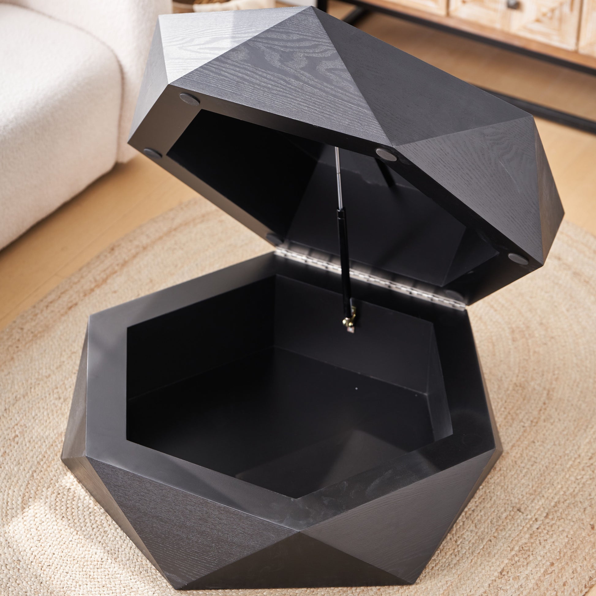 36.61'' Retro Style Polygon Flip Top Coffee Table, with Flip Top for Convenient Access, Hidden Storage, Solid Wood Veneered Drum Coffee Table with Storage for Living Room, Bedroom and Office, Black image 3