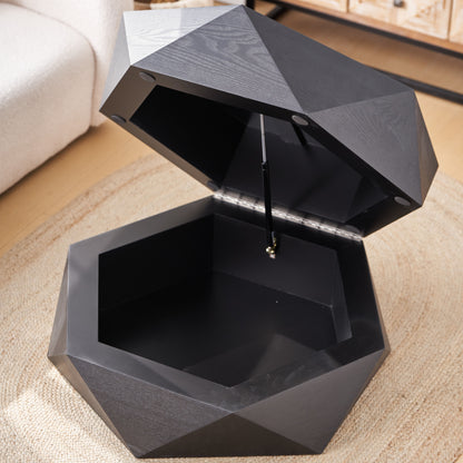 36.61'' Retro Style Polygon Flip Top Coffee Table, with Flip Top for Convenient Access, Hidden Storage, Solid Wood Veneered Drum Coffee Table with Storage for Living Room, Bedroom and Office, Black image 3