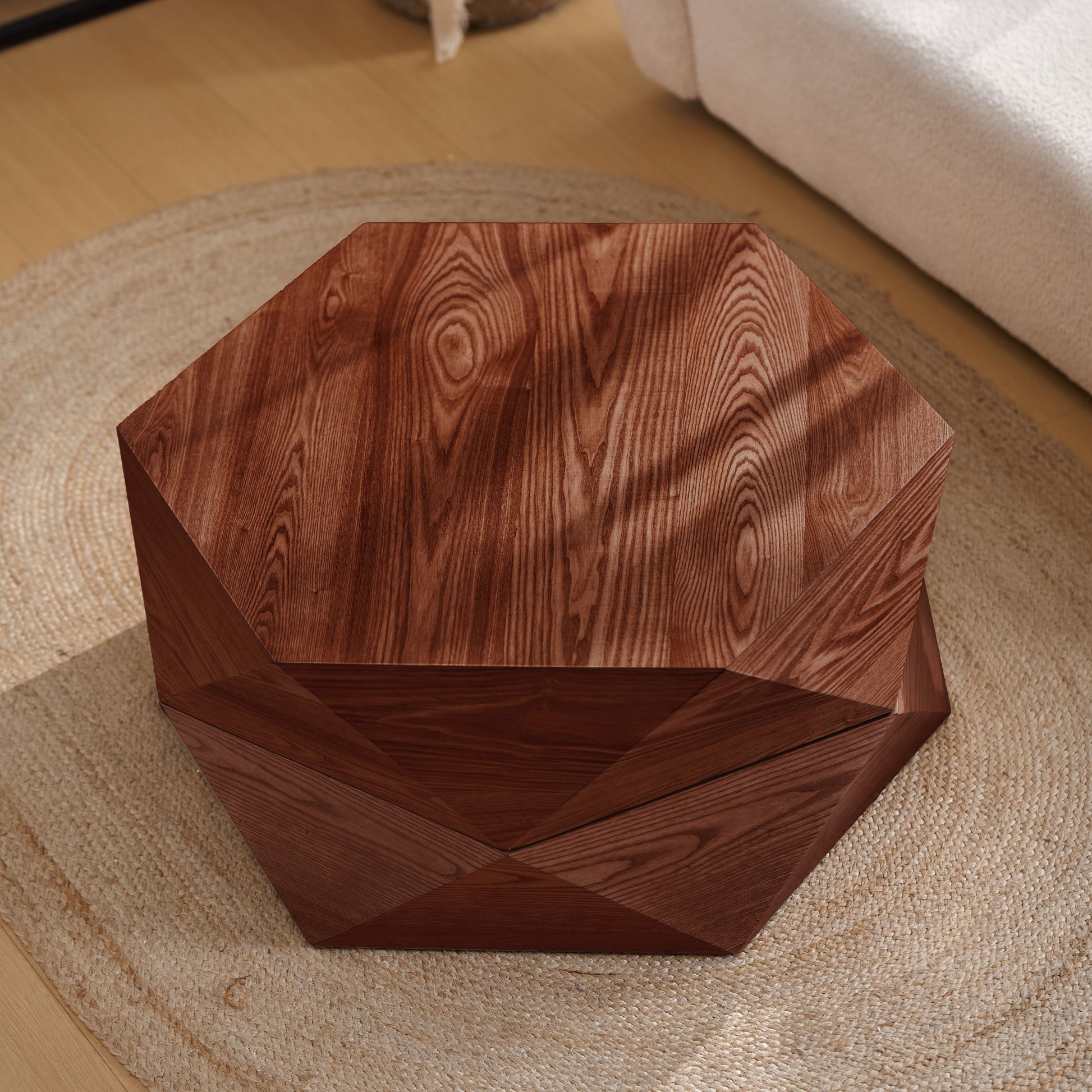 36.61'' Retro Style Polygon Flip Top Coffee Table, Flip-top hidden space, Solid Wood Veneered Drum Coffee Table with Storage for Living Room, Bedroom and Office, Reddish-brown, Brown image 11