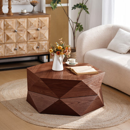 36.61'' Retro Style Polygon Flip Top Coffee Table, Flip-top hidden space, Solid Wood Veneered Drum Coffee Table with Storage for Living Room, Bedroom and Office, Reddish-brown, Brown image 2