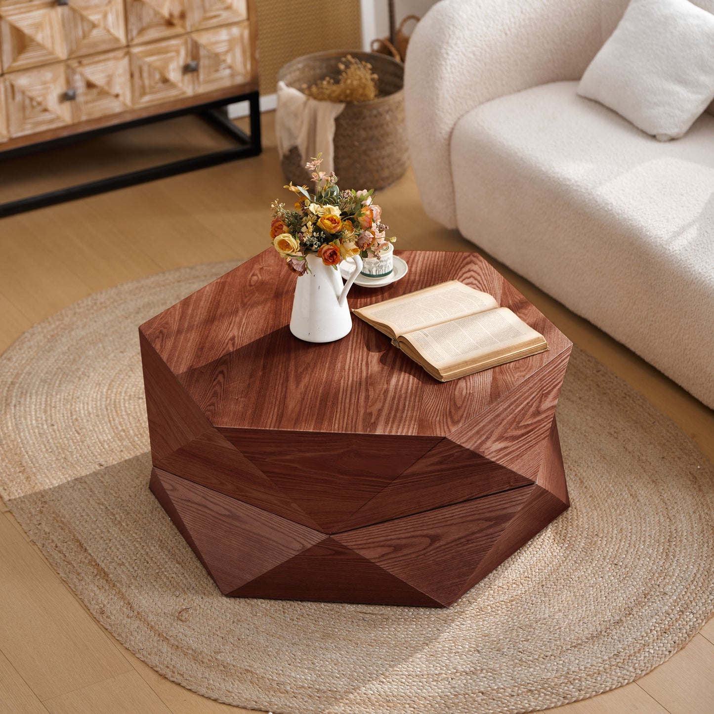 36.61'' Retro Style Polygon Flip Top Coffee Table, Flip-top hidden space, Solid Wood Veneered Drum Coffee Table with Storage for Living Room, Bedroom and Office, Reddish-brown, Brown image 5