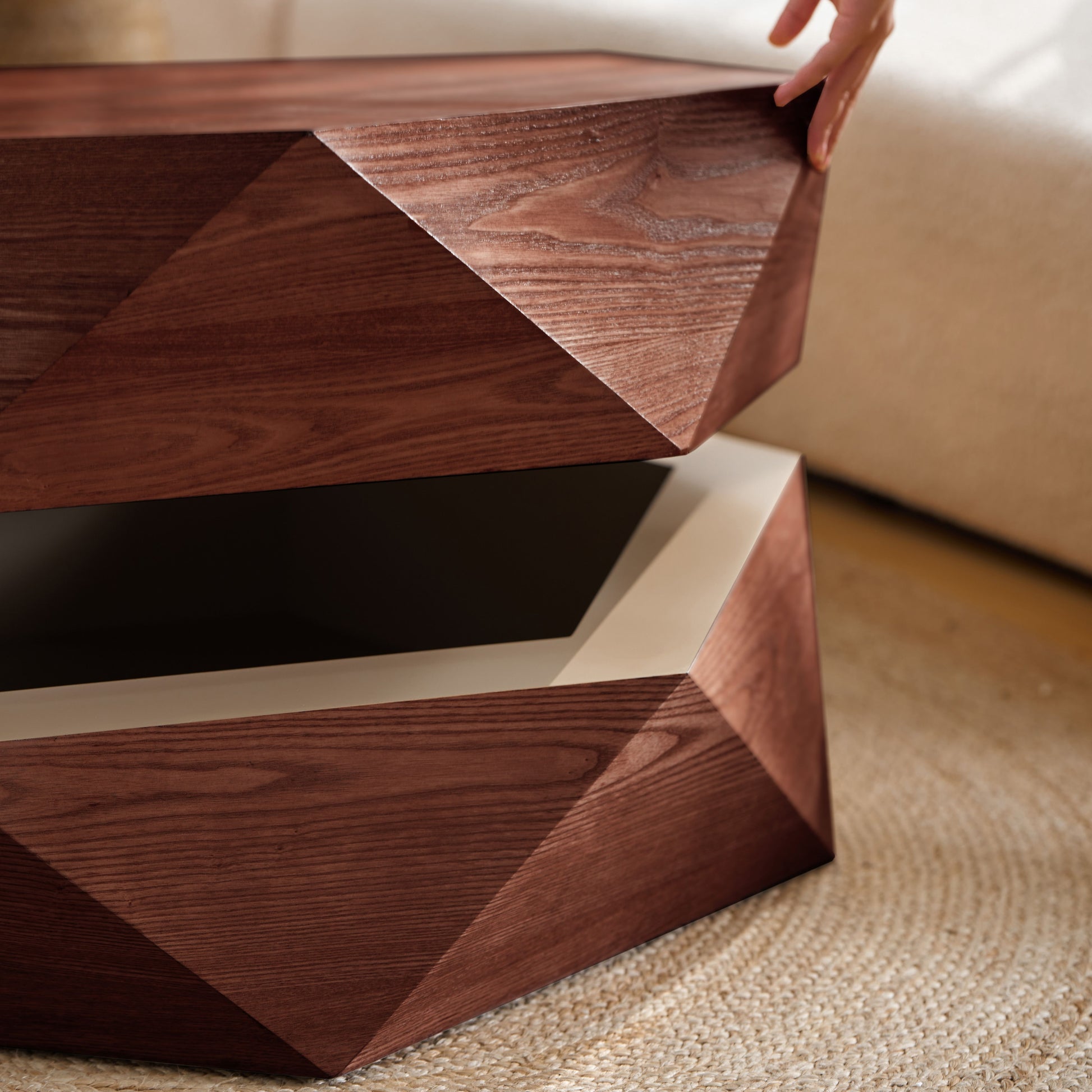 36.61'' Retro Style Polygon Flip Top Coffee Table, Flip-top hidden space, Solid Wood Veneered Drum Coffee Table with Storage for Living Room, Bedroom and Office, Reddish-brown, Brown image 6