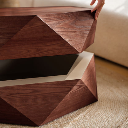 36.61'' Retro Style Polygon Flip Top Coffee Table, Flip-top hidden space, Solid Wood Veneered Drum Coffee Table with Storage for Living Room, Bedroom and Office, Reddish-brown, Brown image 6