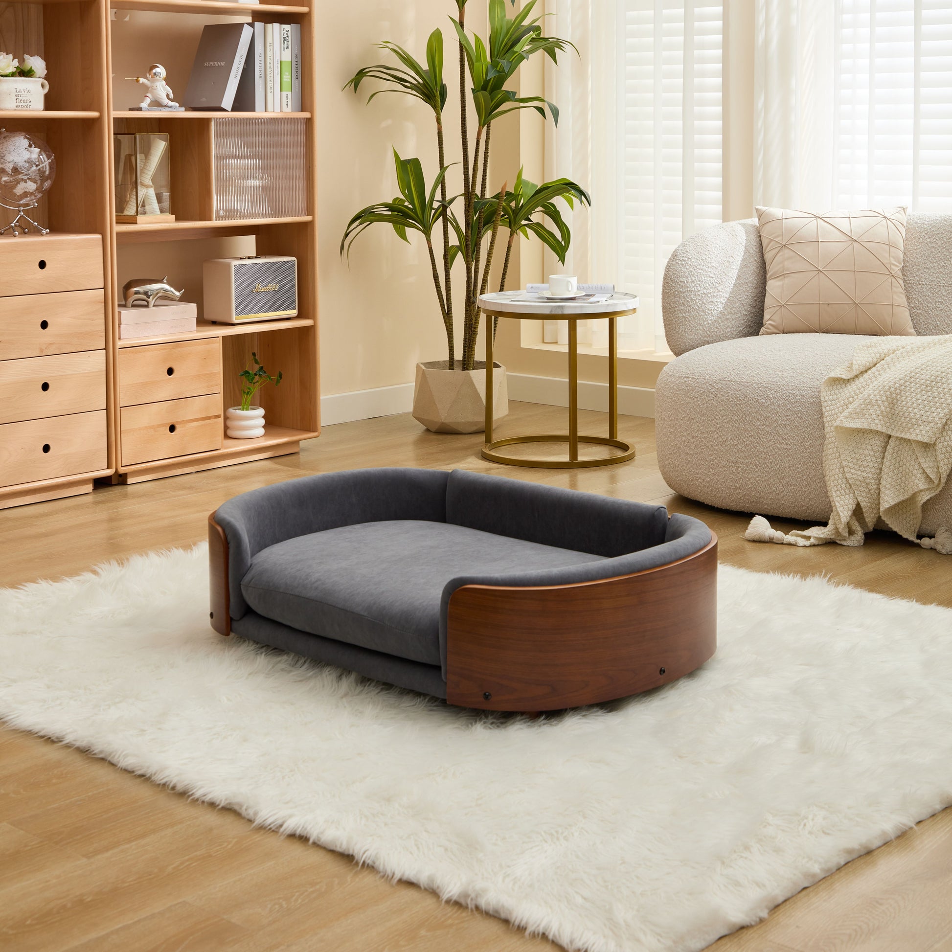 Scandinavian style Elevated Dog Bed Pet Sofa With Solid Wood legs and Walnut Bent Wood Back, Velvet,Large Size image 3