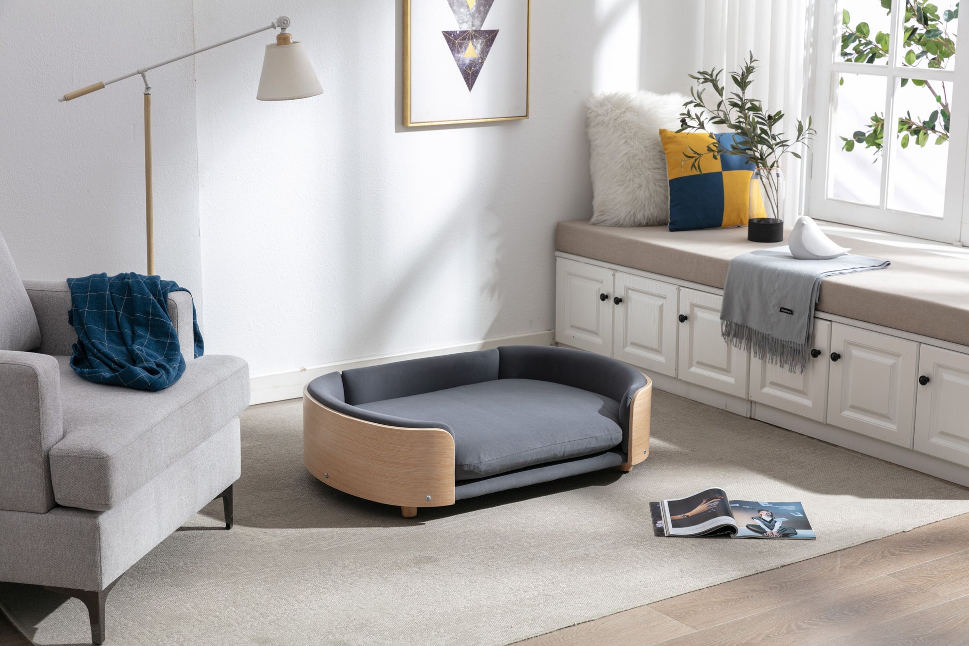 Scandinavian style Elevated Dog Bed Pet Sofa With Solid Wood legs and Bent Wood Back, Velvet Cushion,Large Size image 1
