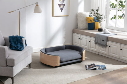 Scandinavian style Elevated Dog Bed Pet Sofa With Solid Wood legs and Bent Wood Back, Velvet Cushion,Large Size image 1