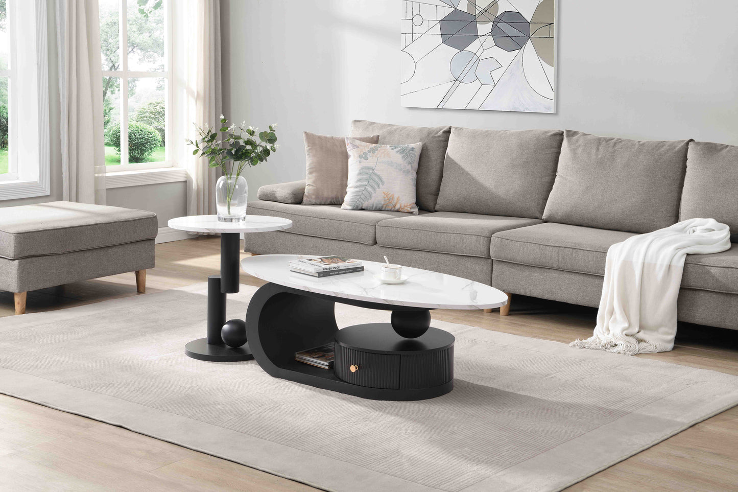 Modern Nesting Coffee Table Set of 2 End Table for Living Room, Oval and Round Table Set image 4