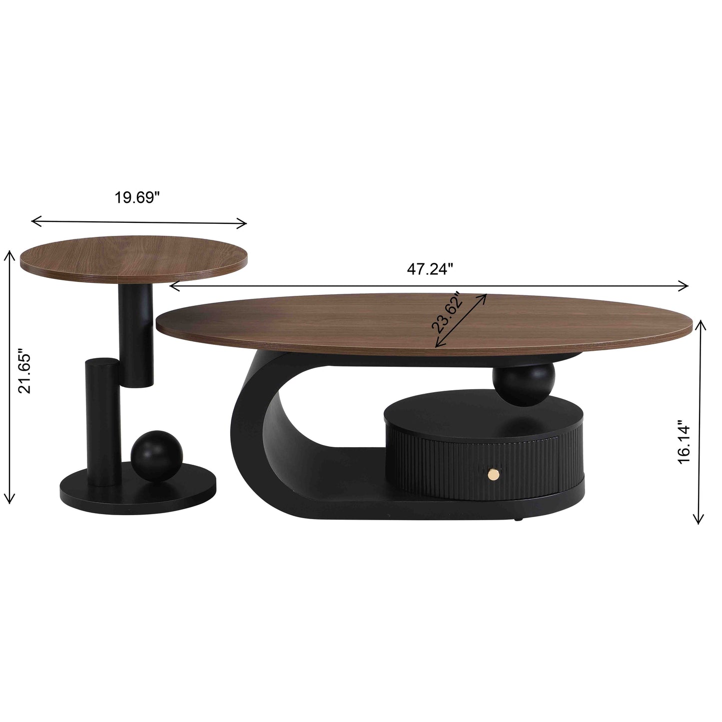 Luxury Nesting Coffee Table Set of 2, Tables with Storage for Living Room, Oval and Round Table Set, Black Center Table, Cocktail Table, Side Table, Large 47.24'', Small 19.69'' image 12