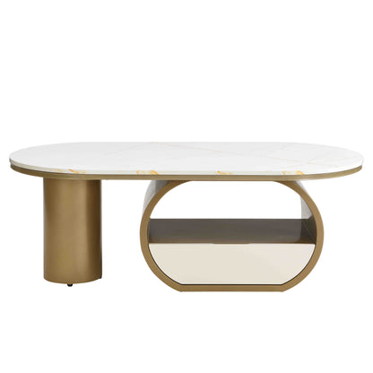 Luxury Modern Oval Coffee Table, 47.24'' Coffee Table with Storage Drawer, Faux Marble Top, Golden Metal Center Table for Living Room image 4