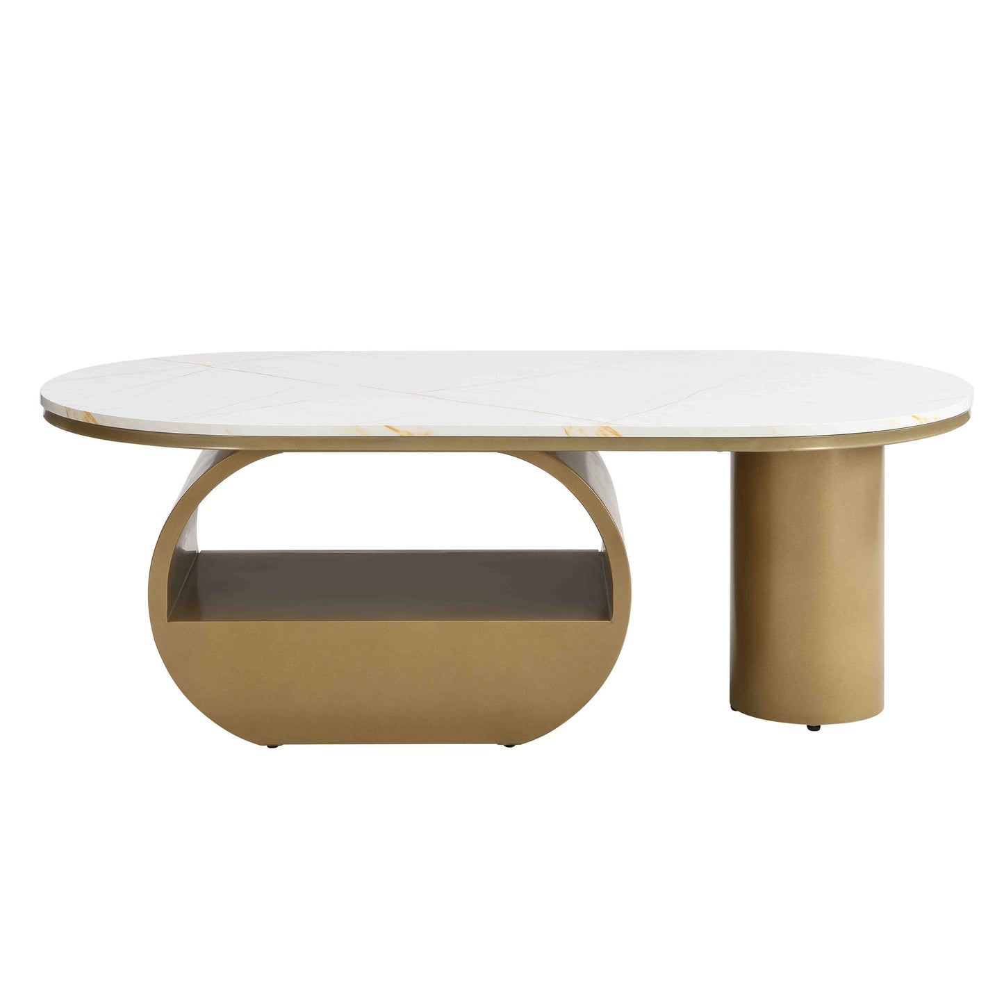 Luxury Modern Oval Coffee Table, 47.24'' Coffee Table with Storage Drawer, Faux Marble Top, Golden Metal Center Table for Living Room image 5
