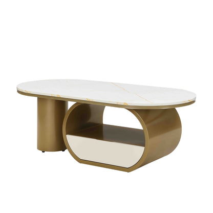 Luxury Modern Oval Coffee Table, 47.24'' Coffee Table with Storage Drawer, Faux Marble Top, Golden Metal Center Table for Living Room image 7