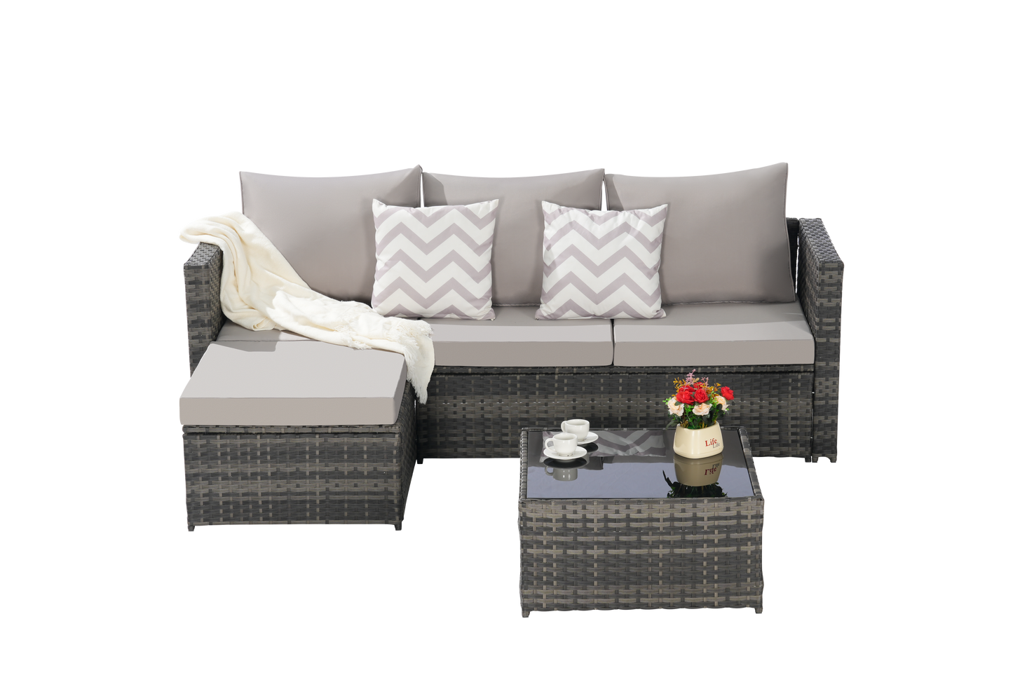 2 Pieces Patio Furniture Set,Outdoor Woven Sectional L- Shaped Patio Furniture,Wicker Conversation Set with Ottoman, Detachable Lounger Table for Backyard Poolside image 4