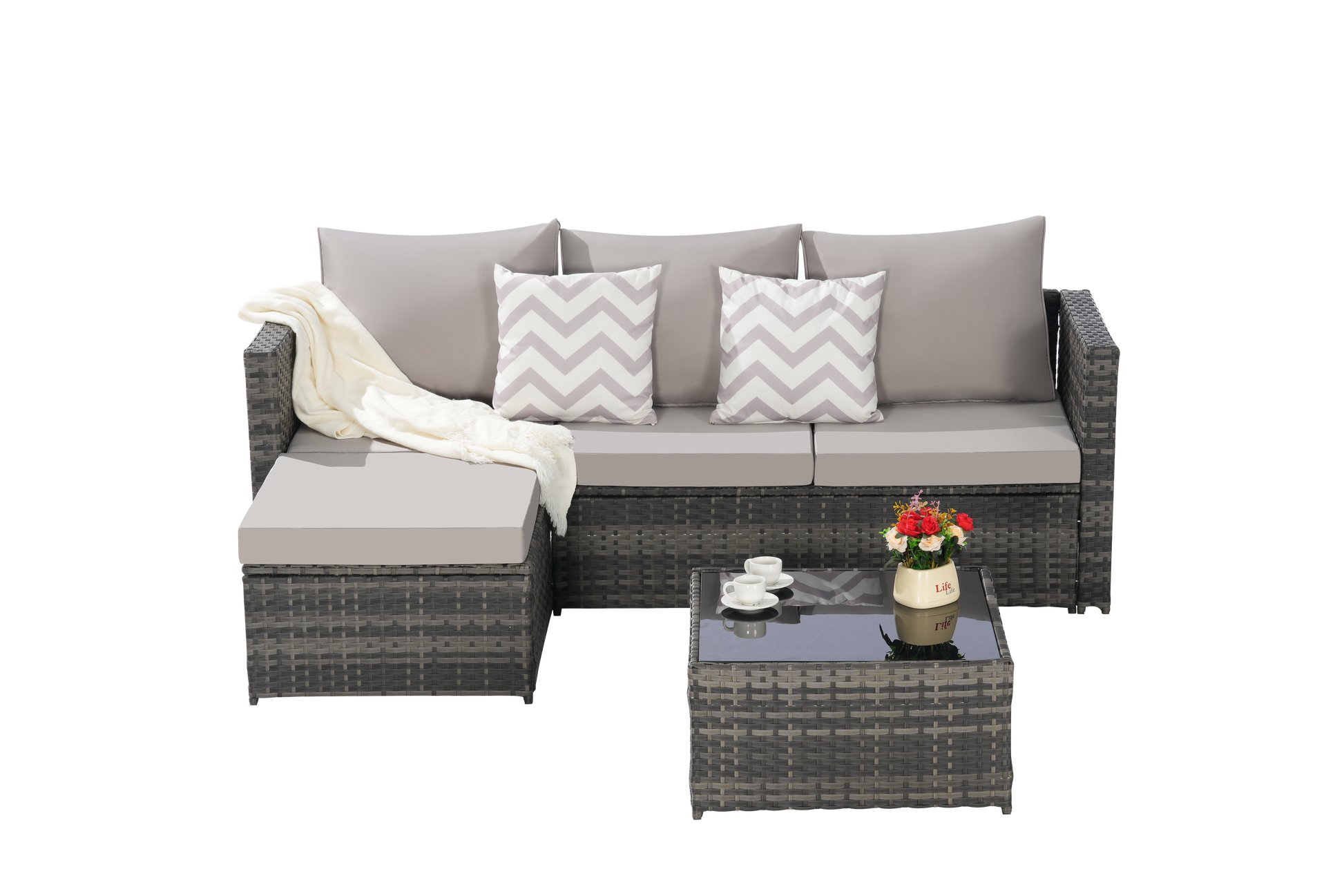 2 Pieces Patio Furniture Set,Outdoor Woven Sectional L- Shaped Patio Furniture,Wicker Conversation Set with Ottoman, Detachable Lounger Table for Backyard Poolside image 4