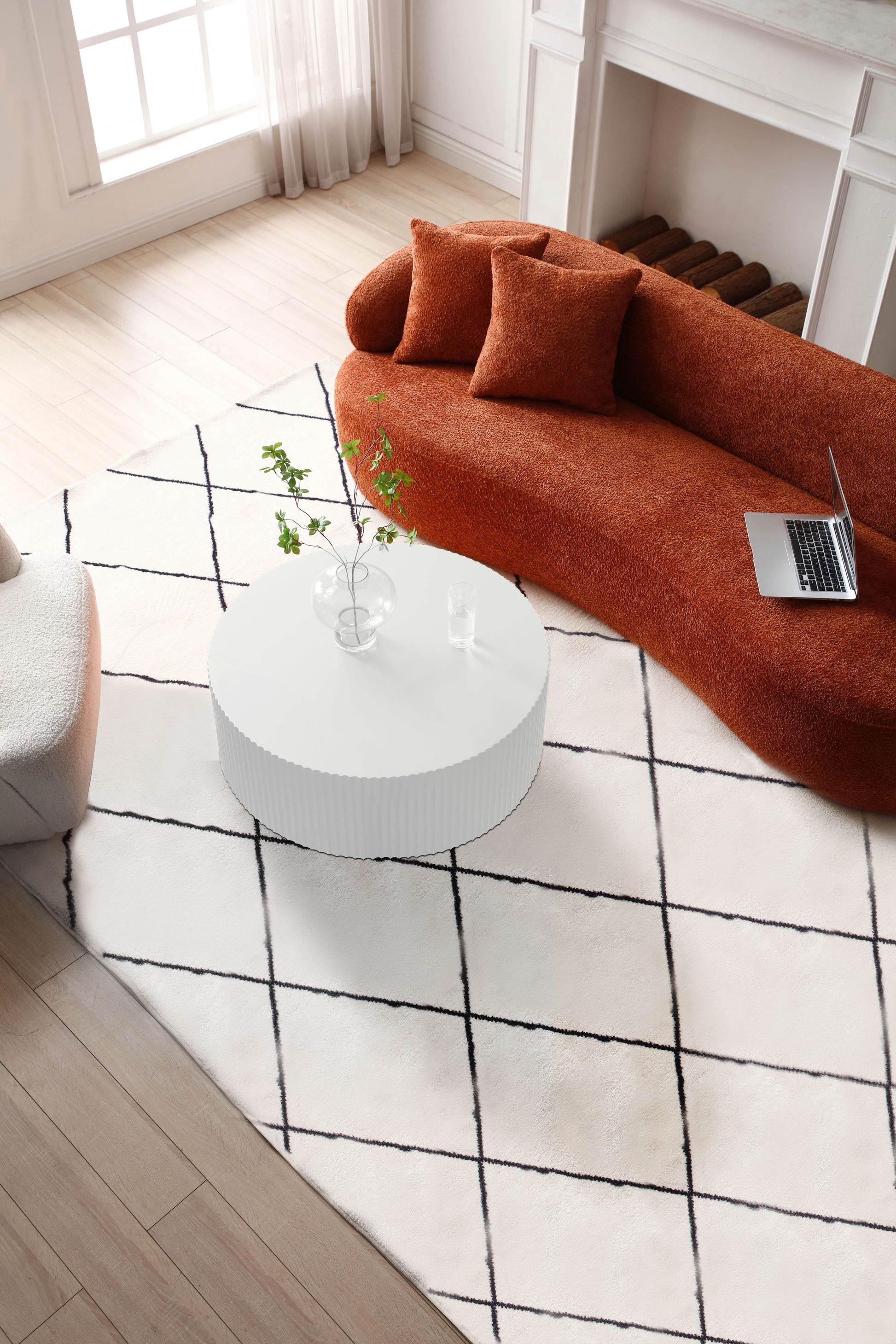 Contemporary Round Coffee Table with Handcrafted Relief, φ35.43inch, Whtie(Same Sku:W876P252232) image 7