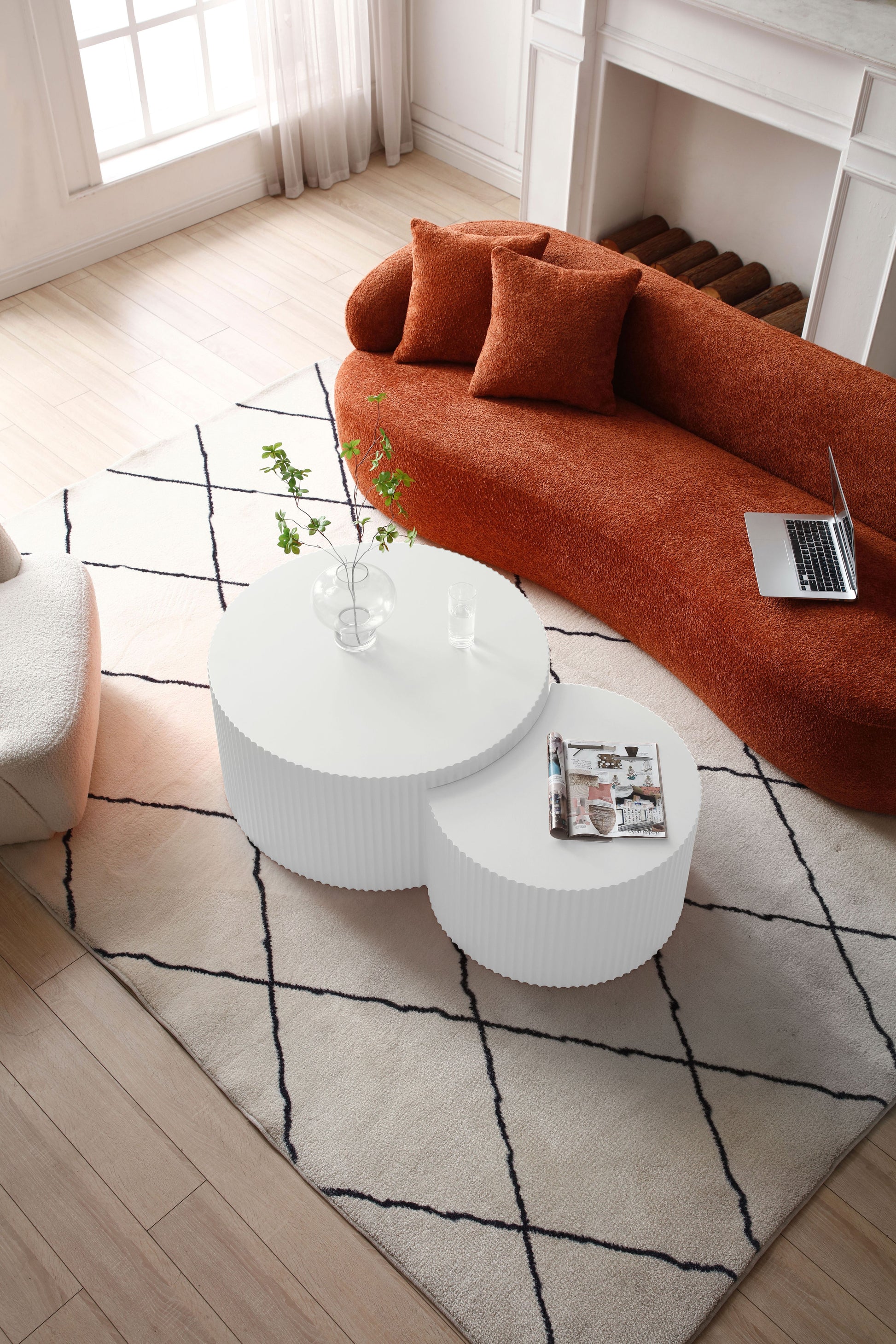 White Nesting table set of 2, Handcraft Relief MDF Coffee Table for Living Room/Office/Leisure Area(Same Sku:W876P271185) image 8