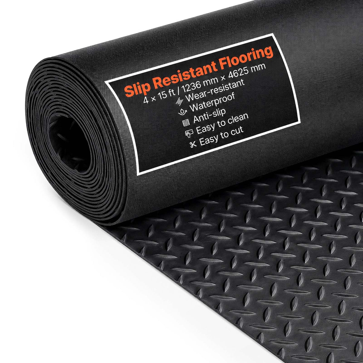 VEVOR Garage Floor Mat, PVC & Rubber Diamond-Plate Flooring  4 x 15 ft / Black