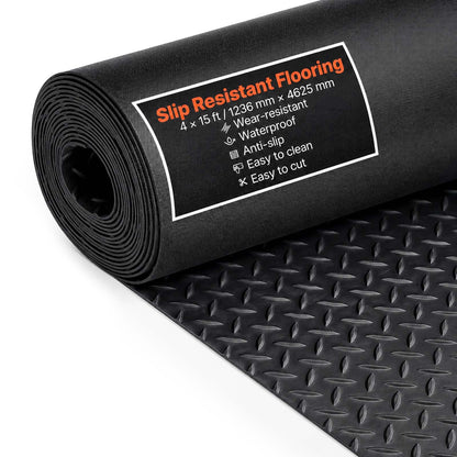 VEVOR Garage Floor Mat, PVC & Rubber Diamond-Plate Flooring  4 x 15 ft / Black