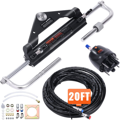 VEVOR Hydraulic Outboard Steering Kit, Marine Boat Steering System with Helm Pump and Two-Way Lock Cylinder for Single-Station Boats 150 HP, 20 ft, Fixed-Length Hoses