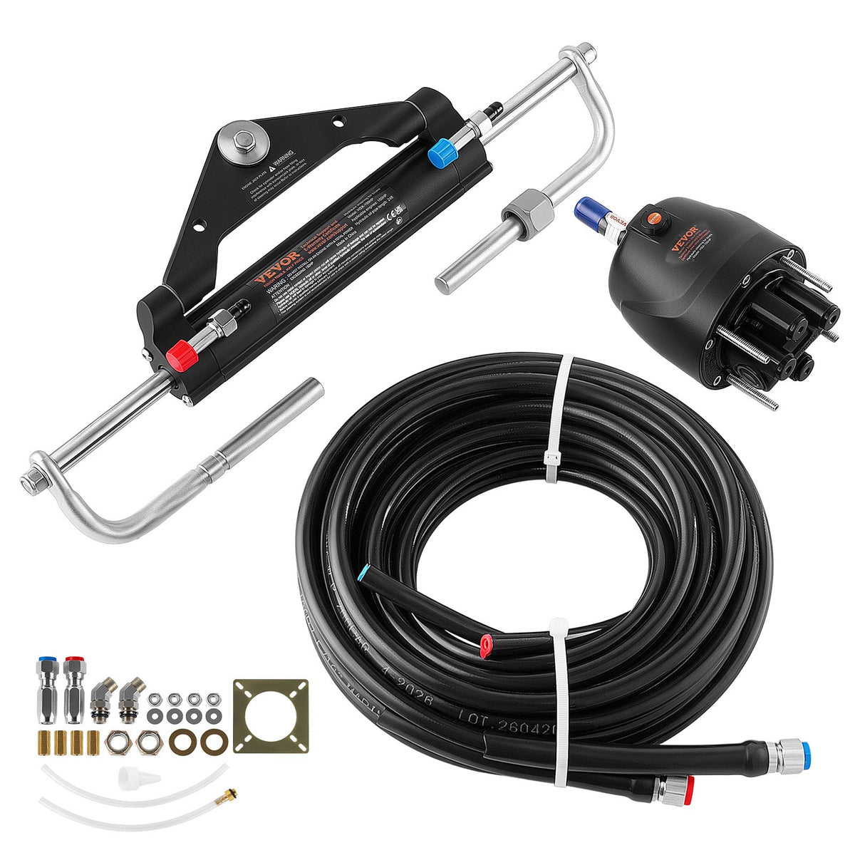 VEVOR Hydraulic Outboard Steering Kit, Marine Boat Steering System with Helm Pump and Two-Way Lock Cylinder for Single-Station Boats 150 HP, 20 ft, Compact Pump Body