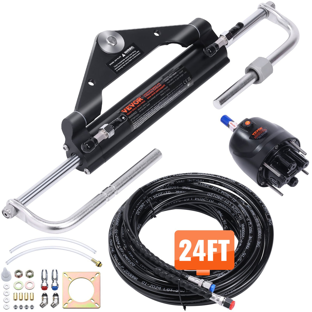 VEVOR Hydraulic Outboard Steering Kit, Marine Boat Steering System with Helm Pump and Two-Way Lock Cylinder for Single-Station Boats 150 HP, 24 ft, Fixed-Length Hoses
