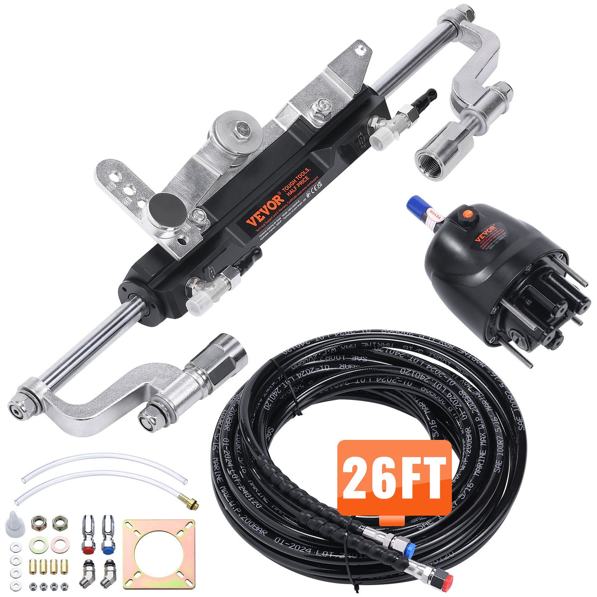 VEVOR Hydraulic Outboard Steering Kit, Marine Boat Steering System with Helm Pump and Two-Way Lock Cylinder for Single-Station Boats 300 HP, 26 ft, Fixed-Length Hoses