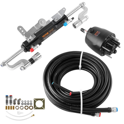 VEVOR Hydraulic Outboard Steering Kit, Marine Boat Steering System with Helm Pump and Two-Way Lock Cylinder for Single-Station Boats 300 HP, 26 ft, Compact Pump Body