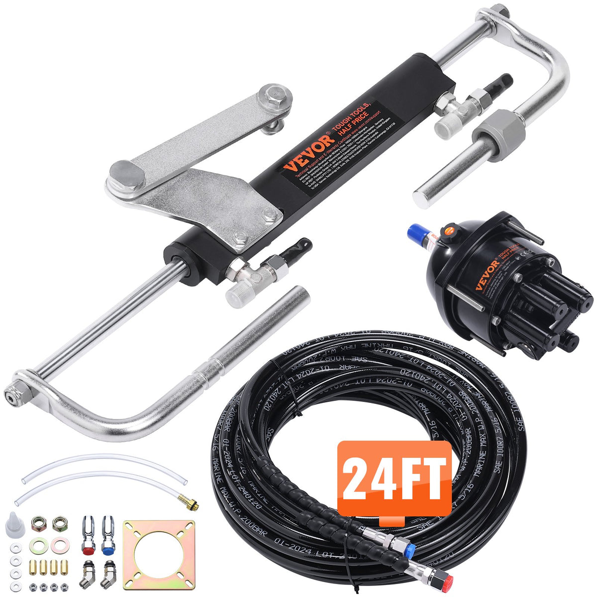VEVOR Hydraulic Outboard Steering Kit, Marine Boat Steering System with Helm Pump and Two-Way Lock Cylinder for Single-Station Boats 90 HP, 24 ft, Fixed-Length Hoses