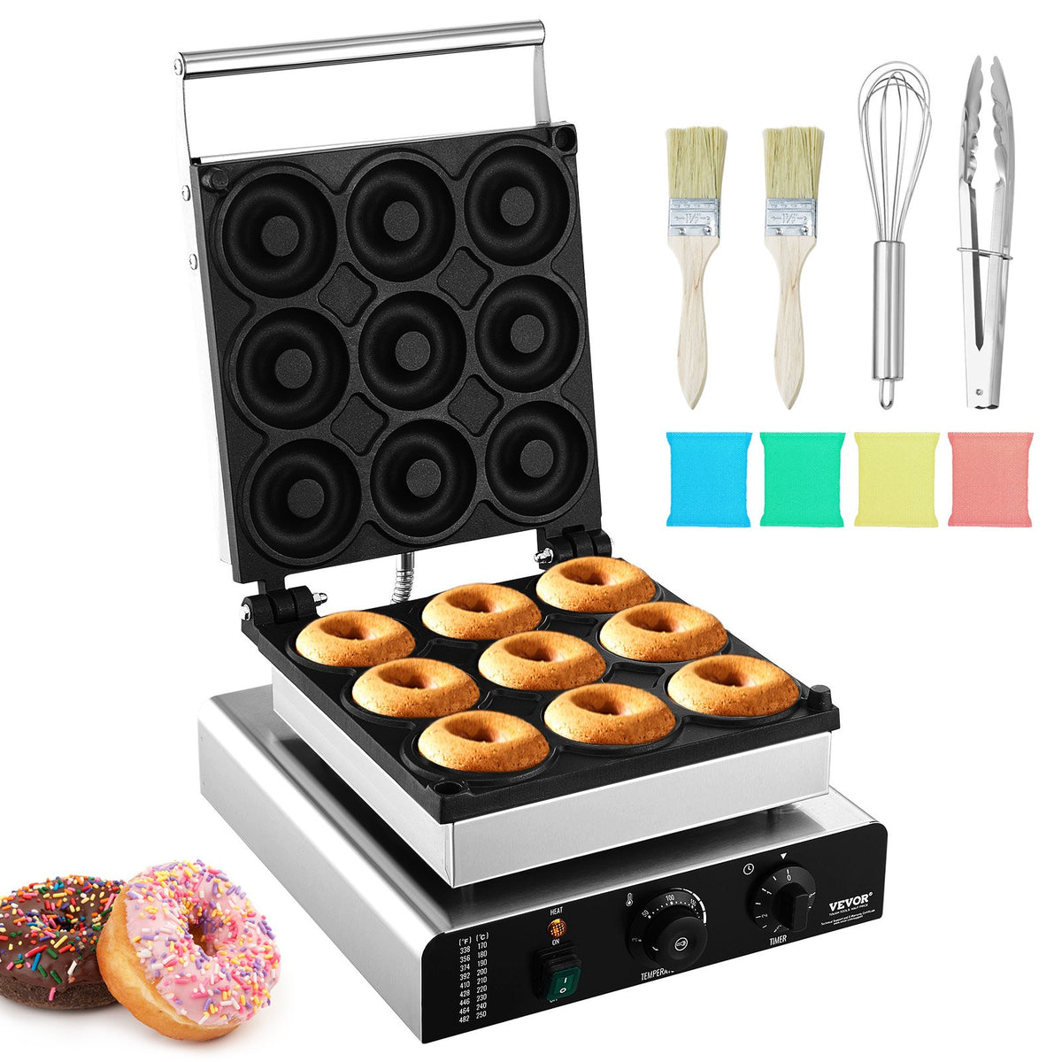 VEVOR Commercial Donut Maker, Electric Doughnut Maker with Double-Sided Heating and Non-Stick Teflon Coating for Restaurant and Home Use 9 Holes, 90 mm, 2000W