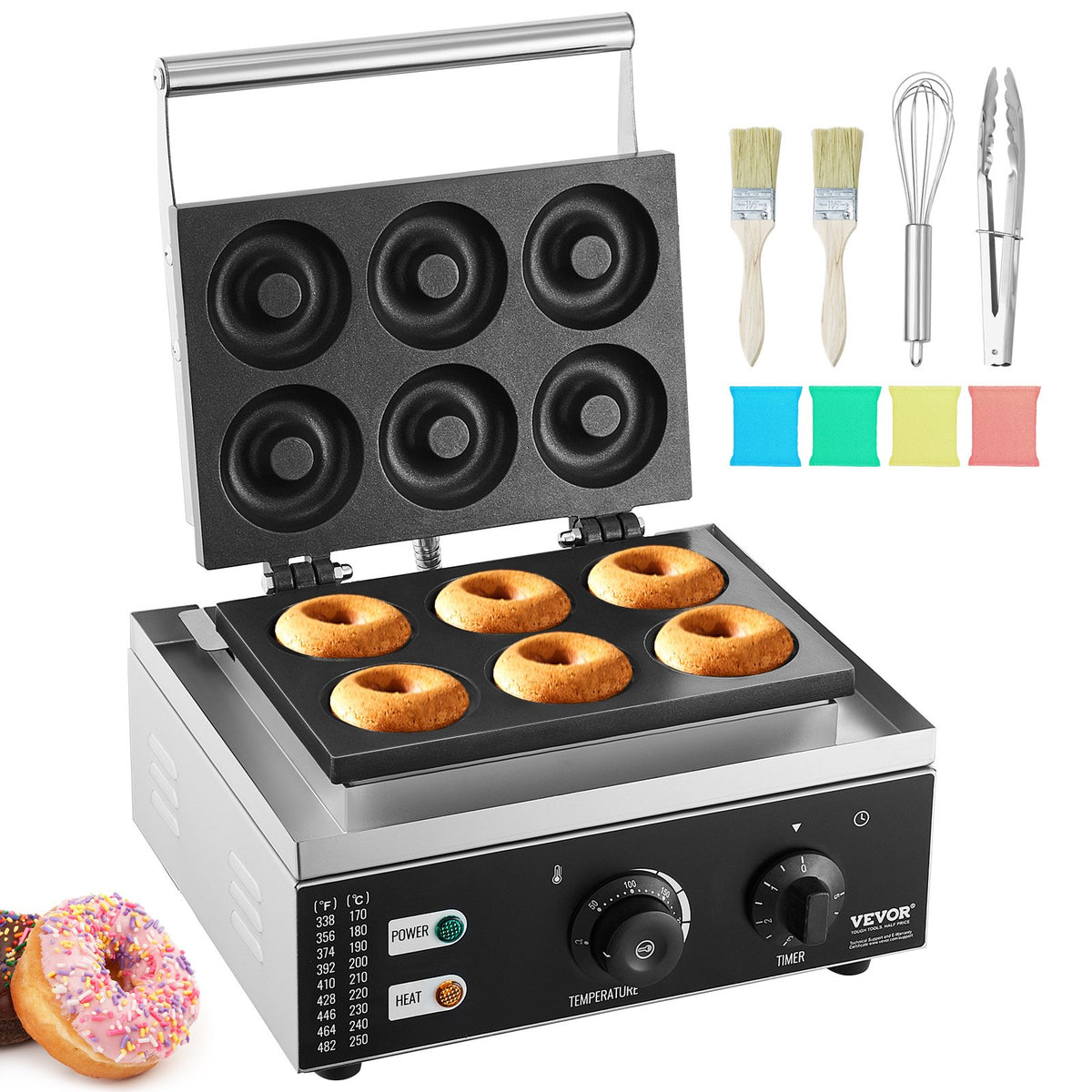 VEVOR Commercial Donut Maker, Electric Doughnut Maker with Double-Sided Heating and Non-Stick Teflon Coating for Restaurant and Home Use 6 Holes, 75 mm, 1550W