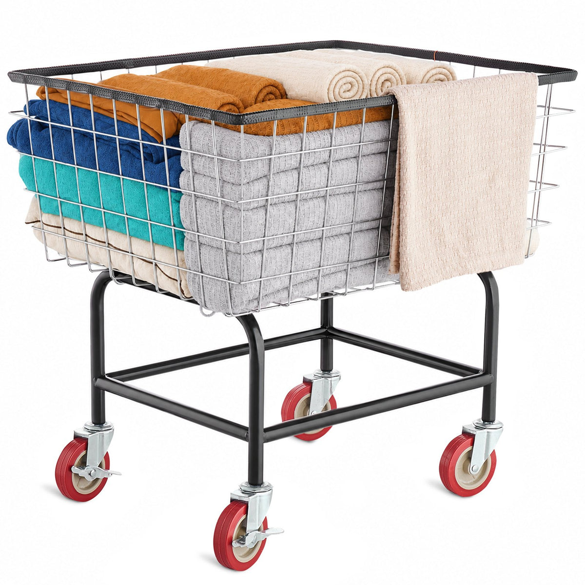 VEVOR Laundry Cart with Wheels, Heavy Duty Wire Laundry Basket Cart, Rolling Laundry Hamper with Hanging Garment Rack and Folding Shopping Cart for Laundry Room, Home and Commercial Use Wire Laundry Cart, 2.8 Bushel | 4 in Casters