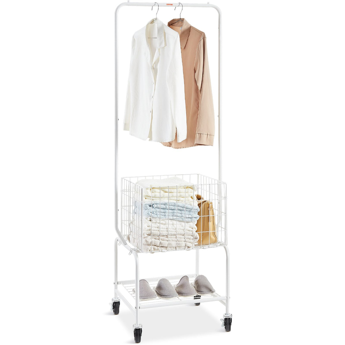 VEVOR Laundry Cart with Wheels, Heavy Duty Wire Laundry Basket Cart, Rolling Laundry Hamper with Hanging Garment Rack and Folding Shopping Cart for Laundry Room, Home and Commercial Use Rolling Laundry Basket with Hanging Garment Rack | 100 lbs